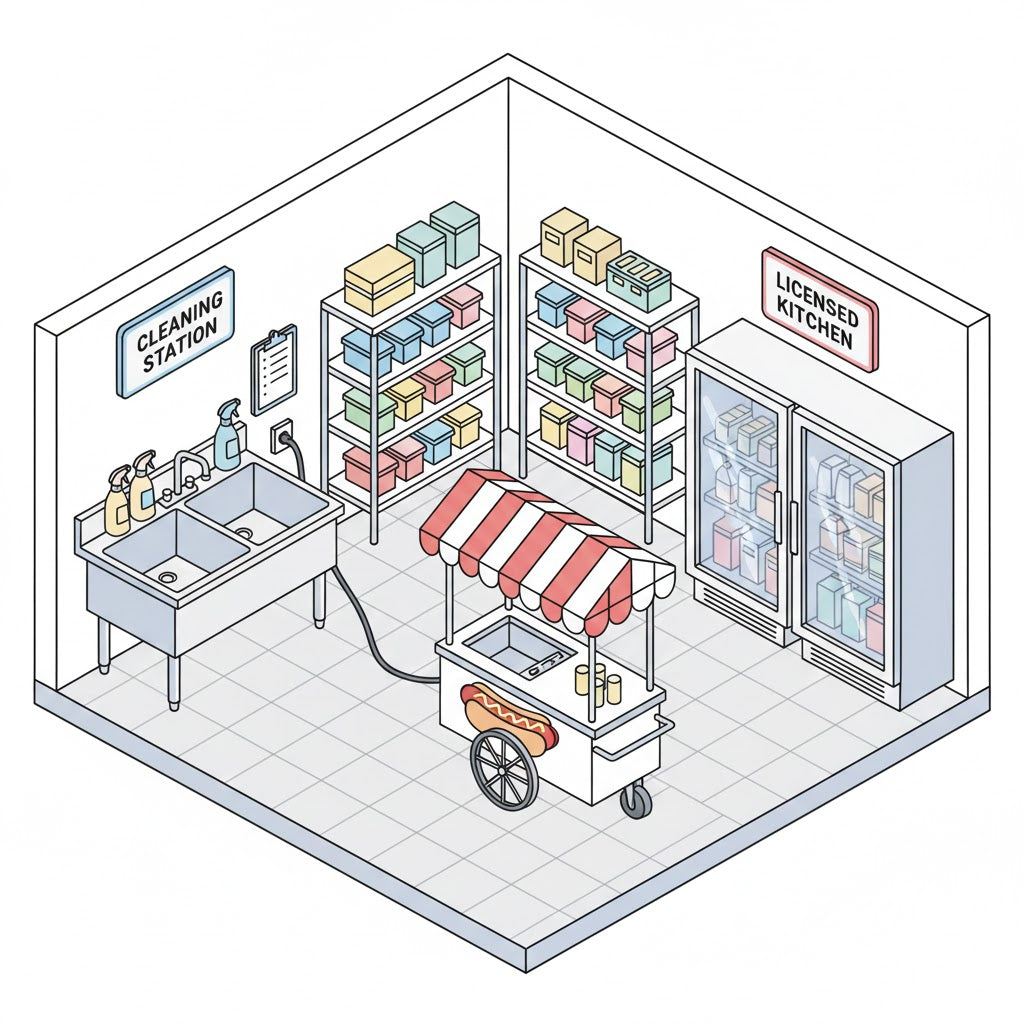 Isometric illustration of a hot dog cart in a licensed commissary kitchen with a double sink, storage shelves, and fridge.